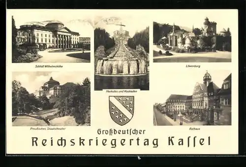 AK Kassel, Grossdeutscher Reichskriegertag, Schloss Wilhelmshöhe, Preussisches Staatstheater, Herkules und Kaskaden