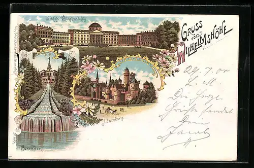 Lithographie Kassel, Schloss Wilhelmshöhe, Cascaden, Löwenburg