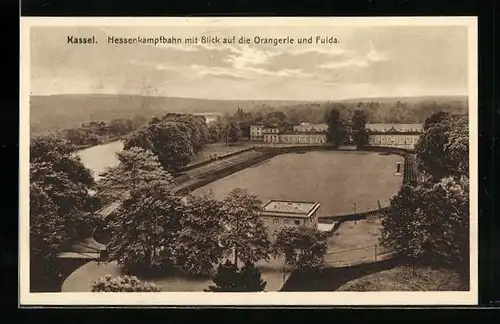 AK Kassel, Stadion, Hessenkampfbahn mit Blick auf die Orangerie und Fulda