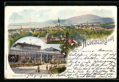 Lithographie Homburg v. d. H., Panorama, Ortsansicht mit Gebäude