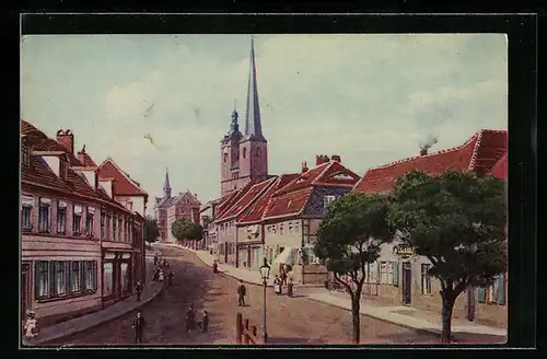AK Burg bei Magdeburg, Breiteweg mit Kirche und Passanten