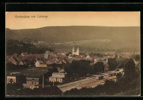 AK Gandersheim, Ortsansicht mit Bahnhof und Lahberg