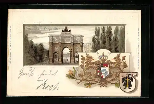 Passepartout-Lithographie München, Siegesthor, Wappen und Münchner Kindl