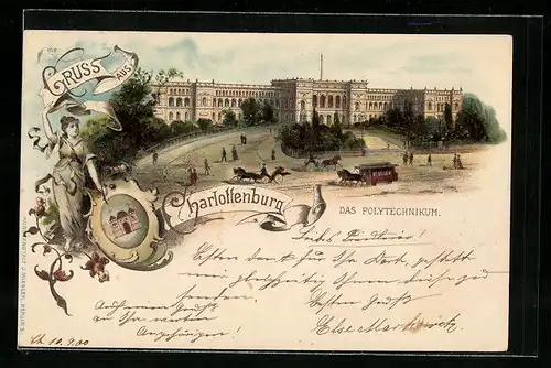 Lithographie Berlin-Charlottenburg, Polytechnikum mit Strasse und Anlagen, Allegorische Figur mit Wappenbild