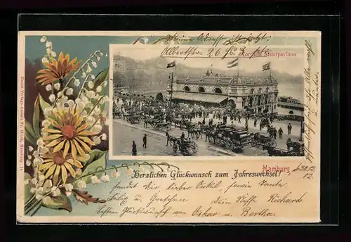 Passepartout-Lithographie Hamburg-Neustadt, Alsterpavillon mit belebter Strasse, Blumen