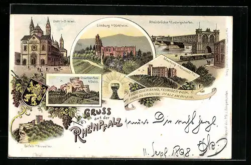 Lithographie Speyer, Dom, Drachenfels, Maxburg