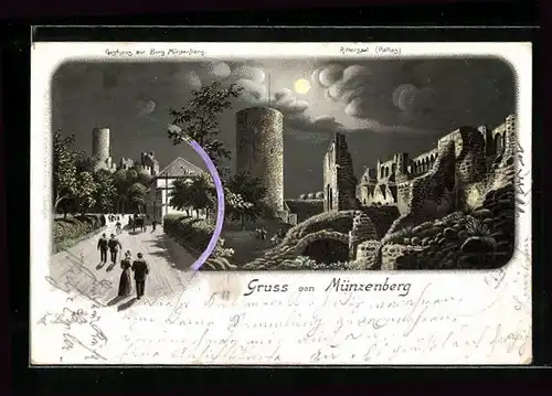 Mondschein-Lithographie Münzenberg, Gasthaus zur Burg Münzenberg und Rittersaal (Pallas), mit Zufahrt und Besuchern