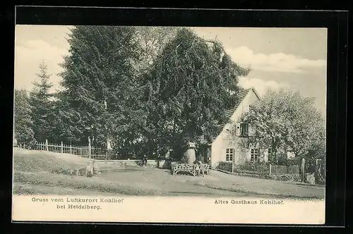 AK Kohlhof bei Heidelberg, Altes Gasthaus mit Bank an einen Baum