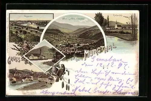 Lithographie Gaggenau, Teilansicht, Rothenfels am Murgthal, Weisenbach