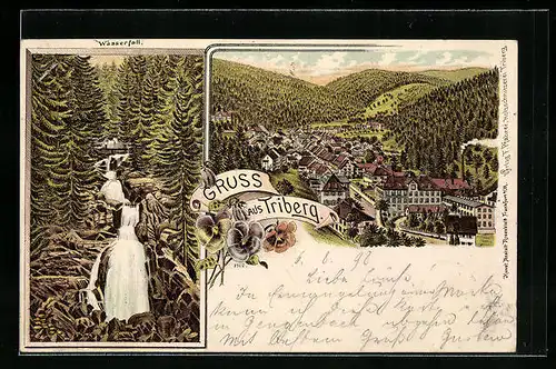 Lithographie Triberg, Wasserfall und Totalansicht aus der Vogelschau