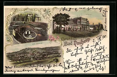 Lithographie Bad Nauheim, Kurbrunnen, Kurhaus, Gesamtansicht