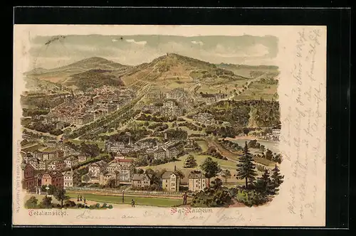 Lithographie Bad Nauheim, Totalansicht aus der Vogelschau