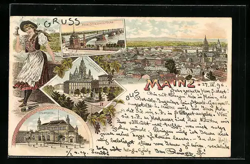 Lithographie Mainz, Neue Strassenbrücke, Dom u. Gutenberg-Denkmal, Stadthalle, Tracht
