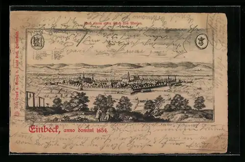 Lithographie Einbeck, Teilansicht mit Kirche anno domini 1654 nach Merian