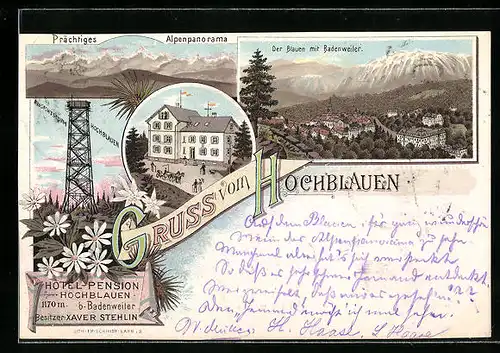 Lithographie Badenweiler, Hotel-Pension Hochblauen, Aussichtsturm, Alpenpanorama