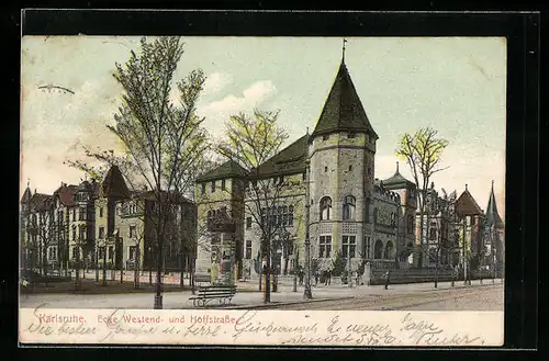 AK Karlsruhe, Strasseneck Westend- und Hoffstrasse mit Litfasssäule