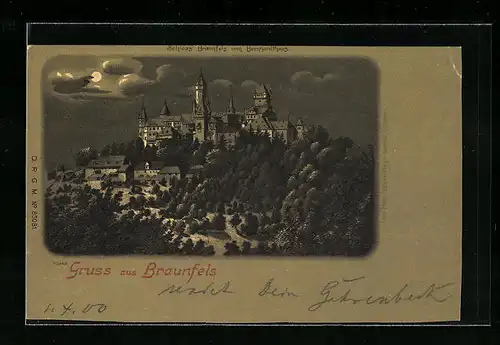 Lithographie Braunfels, Schloss Braunfels vom Bernhardthaus bei Mondschein