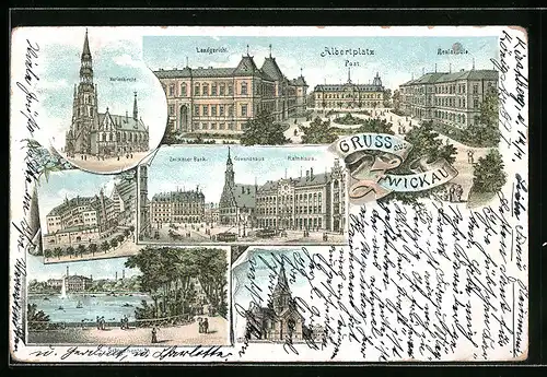 Vorläufer-Lithographie Zwickau, 1895, Landgericht und Post am Albertplatz, Marienkirche, Schwanenteich