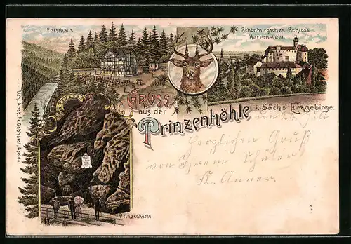 Lithographie Prinzenhöhle i. Sächs. Erzgebirge, Gasthaus Forsthaus, Schönburgsches Schloss Hartenstein, Prinzenhöhle