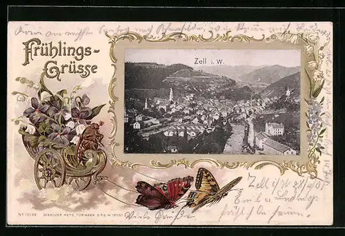 Passepartout-Lithographie Zell i. W., Ortsansicht aus der Vogelschau, Frühlingsgesteck in goldener Kutsche