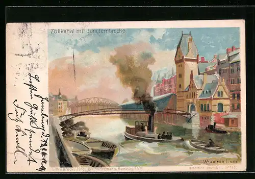 Künstler-AK Wladimir Linde: Hamburg, Zollkanal mit Jungfernbrücke