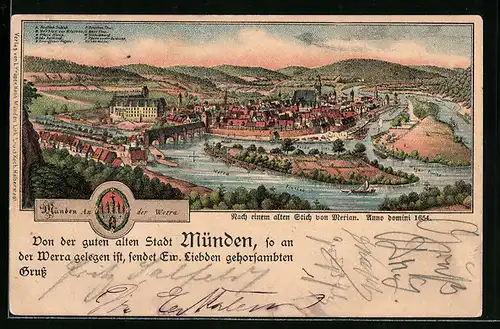 Lithographie Münden, historische Gesamtansicht anno 1654 mit Blick auf die Werra