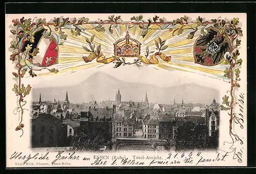 AK Essen /Ruhr, Totalansicht der Stadt, Wappen und Krone