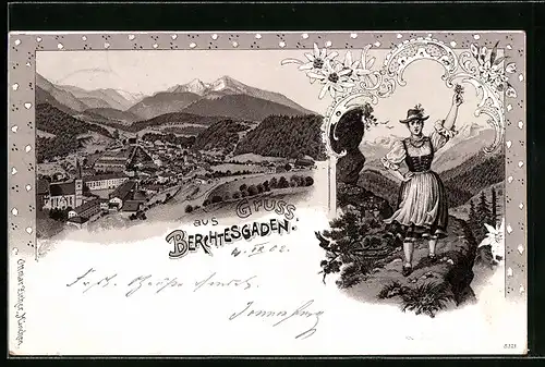 Lithographie Berchtesgaden, Panorama, Frau im Dirndl