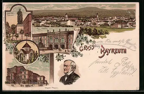 Lithographie Bayreuth, Jean Paul Denkmal, Wagner Theater und Liszt's Grabkapelle