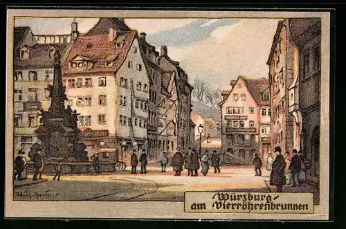 Steindruck-AK Würzburg, Partie am Vierröhrbrunnen