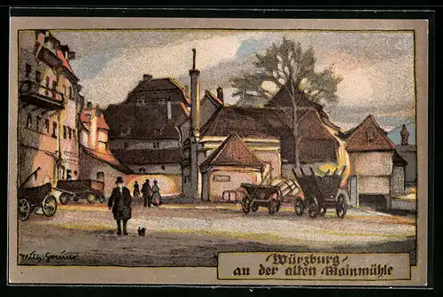 Steindruck-AK Würzburg, Partie an der alten Mainmühle