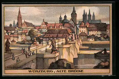 Steindruck-AK Würzburg, Teilansicht mit alter Brücke