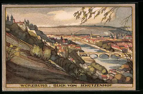 Steindruck-AK Würzburg, Panoramablick vom Schützenhof