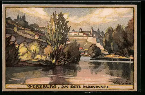Steindruck-AK Würzburg, Partie an der Maininsel