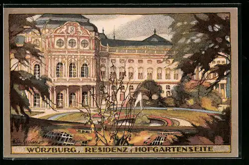 Steindruck-AK Würzburg, Die Residenz, Hofgartenseite