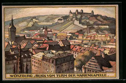Steindruck-AK Würzburg, Blick vom Turm der Marienkapelle