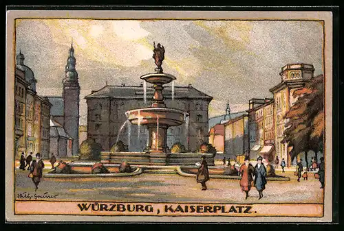 Steindruck-AK Würzburg, Kaiserplatz mit Springbrunnen