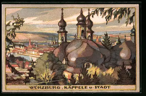 Steindruck-AK Würzburg, Käppele & Stadt