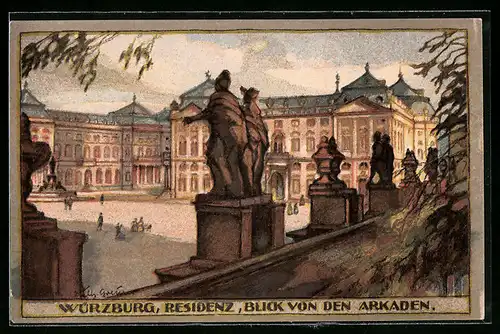 Steindruck-AK Würzburg, Residenz, Blick von den Arkaden