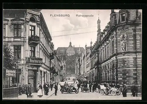 AK Flensburg, Rathausstrasse mit Cafe Restaurant