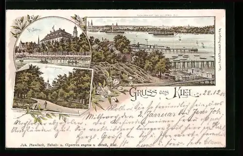 Lithographie Kiel, Totalansicht, Kgl. Schloss und Schlossgarten