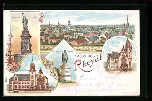 Lithographie Rheydt, Teilansicht aus der Vogelschau, Neue Post, Rathaus, Hohenzollern-Brunnen