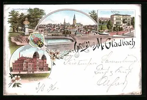 Lithographie M.-Gladbach, Hotel Erholung, Kaiserbad, Totalansicht, Wappen