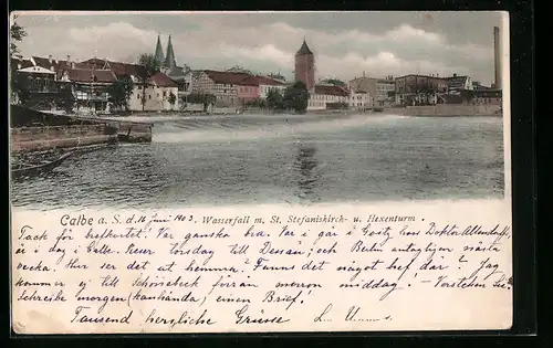 AK Calbe a. S., Wasserfall m. St. Stefaniskirch- u. Hexenturm