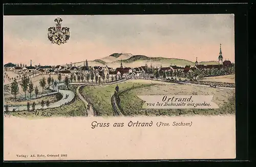 Lithographie Ortrand, Totalansicht der Ortschaft, Wappen