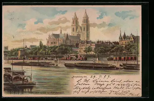 Lithographie Magdeburg, Dom mit Elbe und Fürstenwall