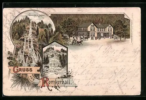 Vorläufer-Lithographie Oker, 1895, Gasthaus Romkerhall, Wasserfall im Sommer und im Winter