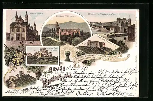 Lithographie Speyer, Dom, Drachenfels, Maxburg