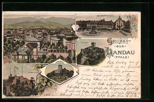 Lithographie Landau / Pfalz, Ortsansicht aus der Vogelschau, Trifels, Madenburg, Max-Josephs-Platz