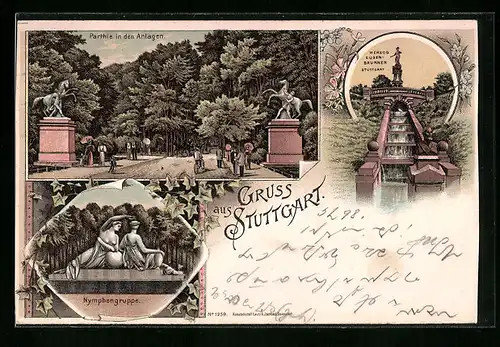 Lithographie Stuttgart, Parthie in den Anlagen, Nymphengruppe, Herzog Eugen Brunnen